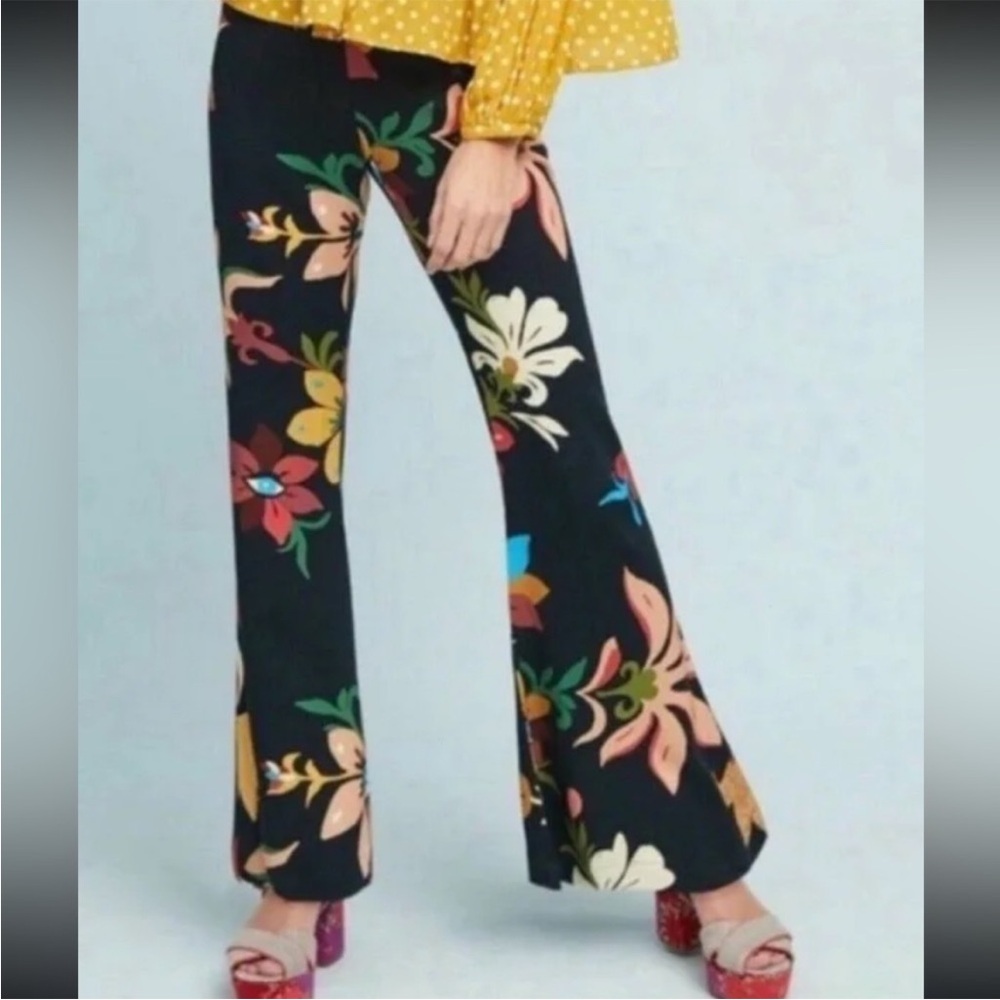 Farm Rio Calla Flared Pants Black Floral Size XS Anthropologie - Picture 9 of 14